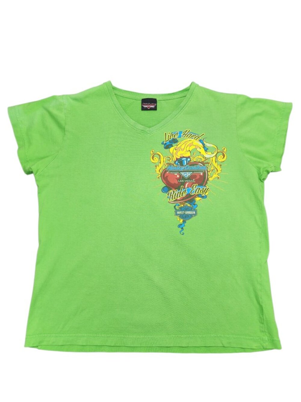 Harley-Davidson Cafe Las Vegas V-Neck Graphic T-Shirt Large Green Motorcycle